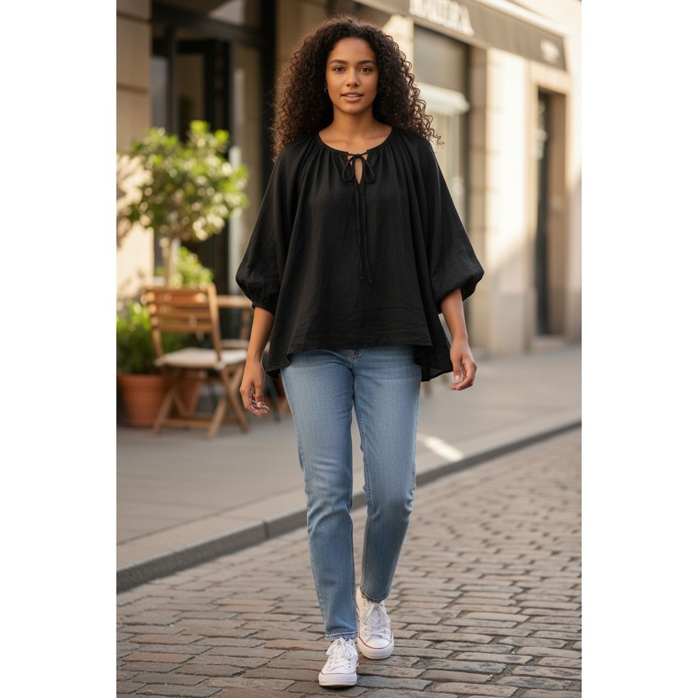 A New Day Linen Blend Tie Front Peasant Blouse Womens Size: M Black Boho Cottage